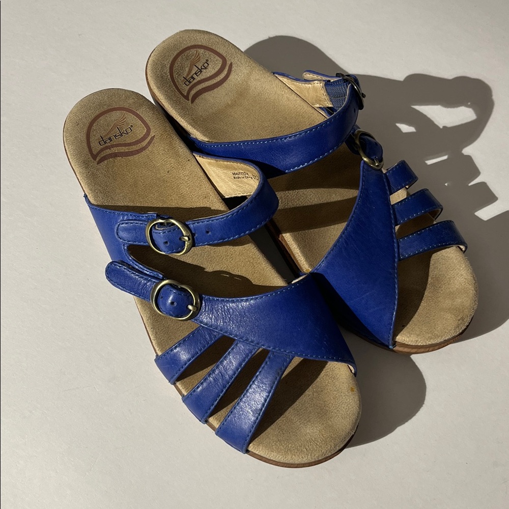 Dansko Blue Leather Strappy Platform Sandals sz 39 Summer Shoes Slip On Comfort - Picture 2 of 11